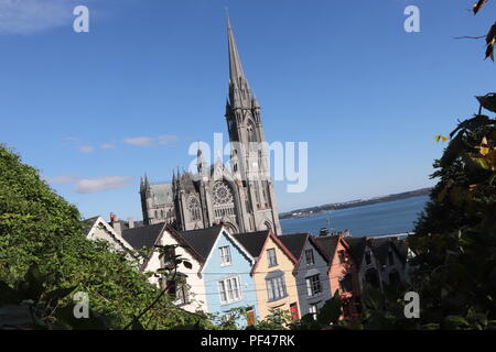 Cobh farbenfrohen Häuser und die prächtige Kathedrale und sieht aus, als es auf den Dächern der Häuser sitzt, genießen Sie die irischen Sommer Sonne. Stockfoto