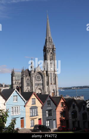 Cobh farbenfrohen Häuser und die prächtige Kathedrale und sieht aus, als es auf den Dächern der Häuser sitzt, genießen Sie die irischen Sommer Sonne. Stockfoto