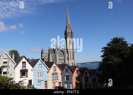 Cobh farbenfrohen Häuser und die prächtige Kathedrale und sieht aus, als es auf den Dächern der Häuser sitzt, genießen Sie die irischen Sommer Sonne. Stockfoto