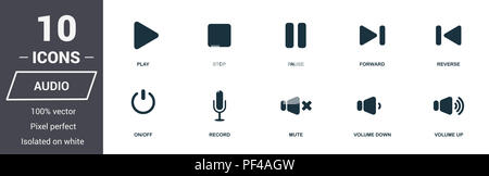 Die audiosteuerungen Symbole gesetzt. Premium Qualität symbol Collection. Die audiosteuerungen Icon Set einfache Elemente. Fertig in web design, Apps, Software zu verwenden, Prin Stockfoto