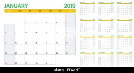 Kalender Planer 2019 Vorlage vector Illustration alle 12 Monate Woche beginnt am Sonntag und an den Wochenenden Samstag und Sonntag Stock Vektor