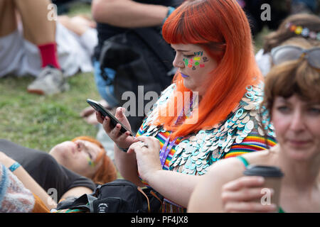 Glanusk Park, Brecon, Wales, 18. August 2018. Tag Zwei der Grüne Mann Musik Festival in die Brecon Beacons Berge in Wales. Im Bild: Allgemeine Bilder von der Menschenmenge und während des Festivals. Bild: Rob Watkins/Alamy leben Nachrichten Stockfoto