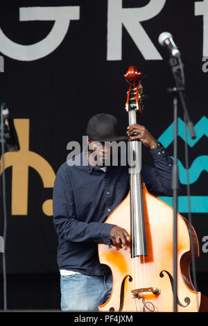 Glanusk Park, Brecon, Wales, 18. August 2018. Tag 2 des Green man Musikfestivals in den Brecon Beacons Mountains in Wales. Im Bild: Der Kontrabassist Daniel Casimir der Nubya Garcia Band in Aktion auf der Hauptbühne der Berge. Quelle: Rob Watkins/Alamy Live News. INFO: Nubya Garcia ist eine britische Jazzsaxophonistin und Komponistin, die für ihre dynamischen Auftritte und ihren innovativen Sound berühmt wurde. Ihr gefeiertes Debütalbum „Source“ präsentiert ihre Mischung aus Jazz, Reggae und Afrobeat-Einflüssen. Stockfoto