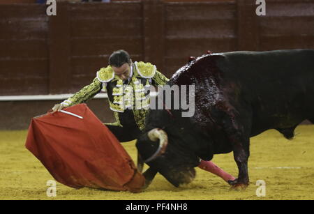 August 18, 2018, Malagueta Stierkampfarena der Valencianischen Stierkämpfer Enrique Ponce öffnet die große Tür durch Schneiden 3 Ähren in den letzten Lauf der Malaga Messe. 19 Aug, 2018. Credit: Lorenzo Carnero/ZUMA Draht/Alamy leben Nachrichten Stockfoto