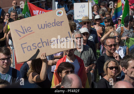 Wiesbaden, Deutschland. 19 Aug, 2018. Ein Plakat lesen "Nie wieder Naturwissenschaft' (Nie wieder Faschismus) bei einer Demonstration gegen die Alternative für Deutschland (AfD) gehalten wird. Die Allianz "Kein AfD im Landtag hatten zu einer Demonstration aufgerufen. Credit: Boris Roessler/dpa/Alamy leben Nachrichten Stockfoto