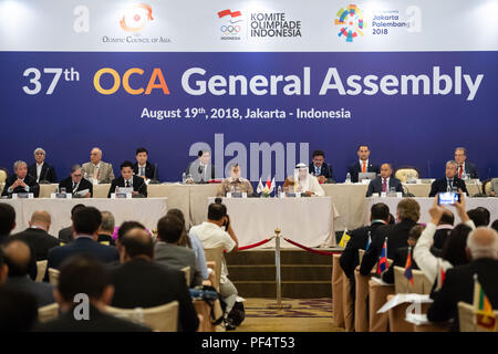 Jakarta, Indonesien. 19 Aug, 2018. Der 37. olympischen Rat von Asien (OCA) Generalversammlung ist in Jakarta, Indonesien, am 12.08.19, 2018 statt. Credit: Cheong kam Ka/Xinhua/Alamy leben Nachrichten Stockfoto