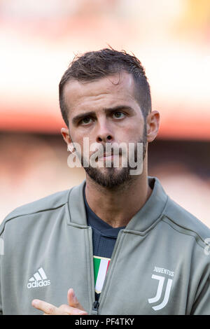 Verona, Italien. 18 Aug, 2018. Miralem Rudolph von Juventus Turin während Erie der Italienischen eine "Übereinstimmung zwischen Chievo Verona 2-3 Juventus im Stadio Marc Antonio Bentegodi am 18. August 2018 in Verona, Italien. (Foto von Maurizio Borsari/LBA) Quelle: Lba Co.Ltd./Alamy leben Nachrichten Stockfoto