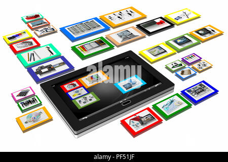 3D-Darstellung. Tablet Application Software Programme. Tablet isoliert auf weißem Hintergrund. Stockfoto