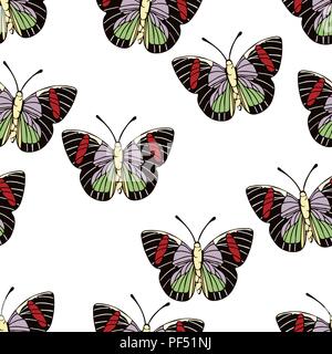 Schmetterling Komikbild nahtlose Muster, vector Hintergrund. Abstraktion gezeichnet Insekt mit Rot, Grün, Lila, schwarze Flügel auf weißem Hintergrund. Für f Stock Vektor