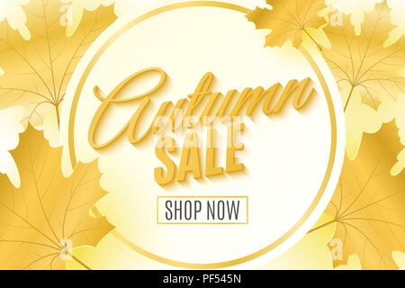 Herbst Sale Banner. Werbung Saisonale Banner. Grußkarte. Kalligraphie und Schrift. Goldene Ahornblätter. Licht Etikett mit Text. Vektor illustra Stock Vektor