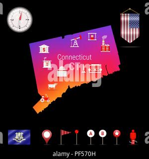 Connecticut Vektorkarte, Nacht. Das Symbol Kompass, Karte Navigationselemente. Wimpel Flagge der Vereinigten Staaten. Vektor Flagge von Connecticut. Verschiedene Branchen, Wirtschaftsgeographie Symbole. Stock Vektor