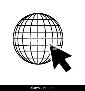 Globus mit Cursor. Vektor. Ausgefüllten schwarzen Symbol auf weißem Hintergrund. Isoliert. Stock Vektor