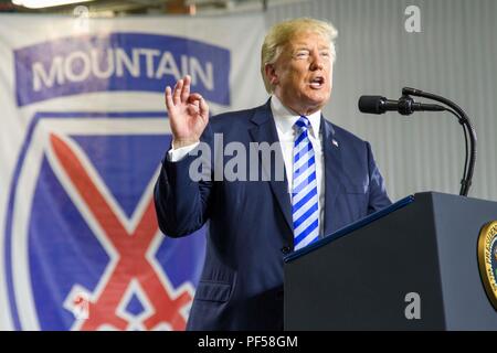 Präsident Donald J. Trumpf spricht während einer Veranstaltung im Fort Drum, New York, am 13. August. Präsident Trump besucht die US Army post Soldaten zu recongize vor Unterzeichnung des National Defense Authorization Act von 2019, die die Gründung von Armee Futures Befehl, die Einheit des Befehls und der Aufwand für die Modernisierung der Armee wird unterstützt. (U.S. Armee Foto von Sgt. Thomas Scaggs) 180813-A-TZ 475-918 Stockfoto