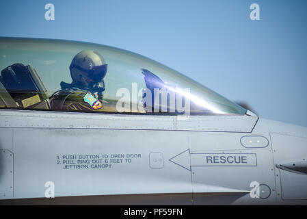 Oberst Brian "Ike" Turner, 140 Wing Commander, beendet Start Verfahren in einem F-16 Fighting Falcon 10.08.2018, Buckley Air Force Base, Colorado. Turner das Flugzeug pilotiert während ein Anreiz für den Flug, für den Kol. Troy Endicott, 460Th Space Wing Commander. (U.S. Air Force Foto von Flieger 1. Klasse Michael D. Mathews) Stockfoto