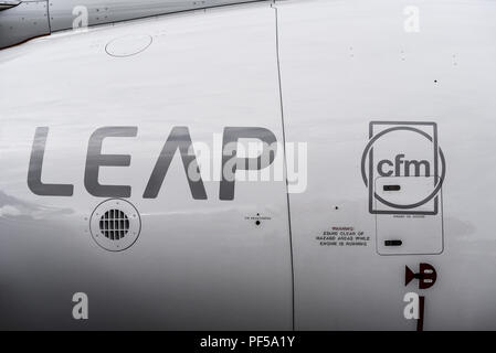 CFM LEAP-Motor in einer Boeing 737 Max 7 auf der Luft- und Raumfahrtmesse in Farnborough. CFM International LEAP ist ein Turbofan-Motor mit hohem Bypass Stockfoto