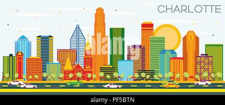 Charlotte, North Carolina City Skyline mit Farbe Gebäude und blauer Himmel. Vector Illustration. Stock Vektor