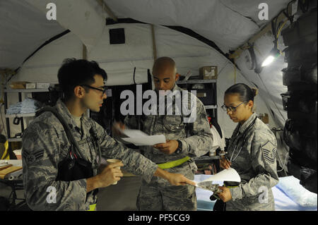 Mitglieder der 927th Aeromedical Staging Squadron Vorbereitung auf die ankommenden Patienten während der übung Patriot Krieger am Fort McCoy, Wisc. In der Nacht, die Flieger hatten Patienten der Ambulanz zu entladen und sie dann in die Zelte, in denen Patienten, die ihre Pflege Wunden oder Krankheiten erhalten würde. (U.S. Air Force Foto: Staff Sgt. Xavier Lockley Stockfoto