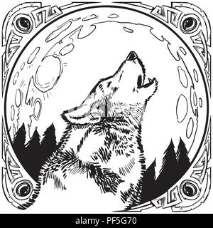 Vektor cartoon Clipart Illustration eines howling wolf Kopf vor Vollmond in der Nacht mit einem Bäume in einem reich verzierten Jewelled Rahmen oder Bord enthalten Stock Vektor