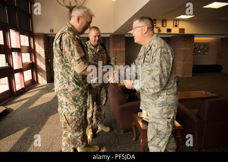 Oberst Armands Saltups, Kommandeur der Luftwaffe, der Lettischen Nationalen Streitkräften, und Oberst John Miner, Alpena Combat Readiness Training Center, Michigan von Alpena CRTC für Battle Creek Air National Guard Base, Mich., wo Saltups base Einrichtungen tourte und in neuen Bereichen der Zusammenarbeit zwischen Michigan Air National Guard und der lettischen Luftwaffe erkundet. Lettland und Michigan sind Partner unter der National Guard Bureau State Partnership Program (SPP). Northern Strike18 ist ein National Guard Bureau - Übung vereint Service Mitglieder aus vielen Staaten, mehrere Filialen und eine Reihe Sponsoren Stockfoto