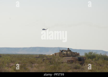 Das 1st Squadron, 150th Cavalry Regiment der West Virginia National Guard, nahm am 14. August 2018 an der Operation Hickory Sting in Fort Bliss, Texas, teil. Das archivierte Fotoarchiv dokumentiert Trainingsübungen, die Kampffähigkeiten wie Schießen, Bewegen, Kommunizieren und Sustain für multinationale und Multi-State-Streitkräfte betonen. Stockfoto