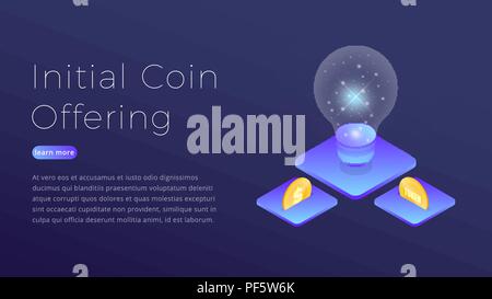 ICO. Isometrische Konzept der ersten Münze anbieten. Moderne ICO hero Image Design. Stock Vektor