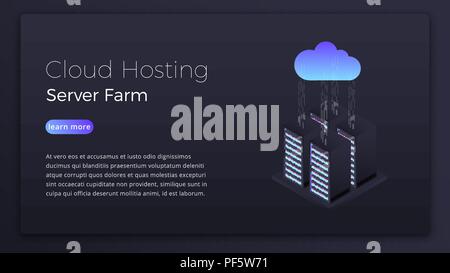 Cloud Hosting. Daten hosting cloud server isometrische Konzept. Moderne Cloud Technologie hero Image Design. Stock Vektor