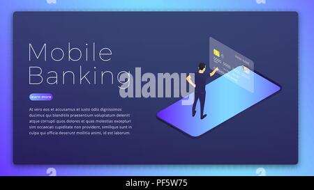 Mobile Banking. Mobile Bank app isometrische Konzept. Online Banking hero Image Design. Stock Vektor