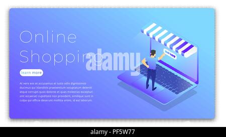 Online Shopping. Isometrische Darstellung des Menschen kaufen online via Laptop. Shopping web Konzept. Stock Vektor
