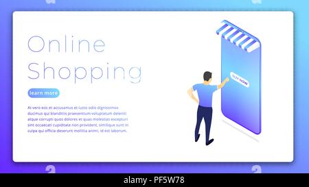 Online Shopping. Isometrische Darstellung des Menschen kaufen online via Smartphone. Shopping web Konzept. Stock Vektor