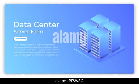 Data Center. Datacenter Server Farm isometrische Konzept. Modernes Rechenzentrum hero Image Design. Stock Vektor