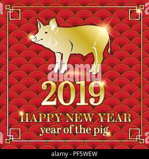 2019 Das chinesische Neujahr. Jahr des Schweins. Vector Illustration. Für das neue Jahr. Gold auf Rot. Übersetzung: Schwein Stock Vektor