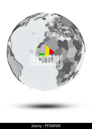 Mali mit Flagge auf Globus mit Schatten auf weißem Hintergrund. 3D-Darstellung. Stockfoto