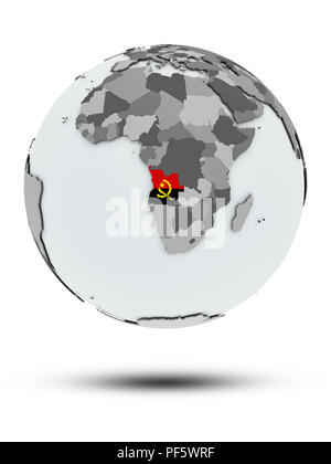 Angola mit Flagge auf Globus mit Schatten auf weißem Hintergrund. 3D-Darstellung. Stockfoto