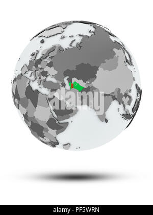 Turkmenistan mit Flagge auf Globus mit Schatten auf weißem Hintergrund. 3D-Darstellung. Stockfoto
