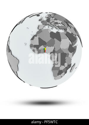 Benin mit Flagge auf Globus mit Schatten auf weißem Hintergrund. 3D-Darstellung. Stockfoto