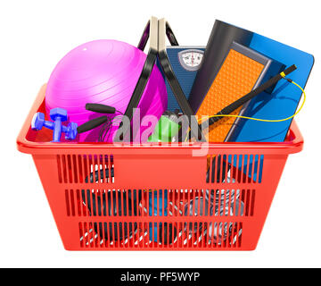 Fitness, Aerobic, Sport Ausrüstungen in den Warenkorb. 3D-Rendering auf weißem Hintergrund Stockfoto