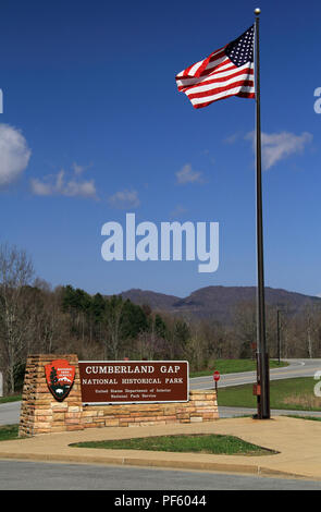Ein Zeichen begrüßt Besucher Cumberland Gap National Historical Park, der spreizt die Grenzen zwischen den Staaten von Tennessee, Kentucky und Virginia Stockfoto