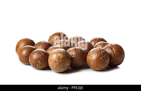 Nahaufnahme von Macadamia-nüssen isoliert auf weißem Hintergrund. Stockfoto