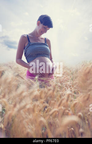 Retro instagram Stil Image der Jungen glücklich Schwangere Frau im dritten Trimester steht in der Mitte der Reifen Weizen Feld und halten ihrer schwangeren b Stockfoto