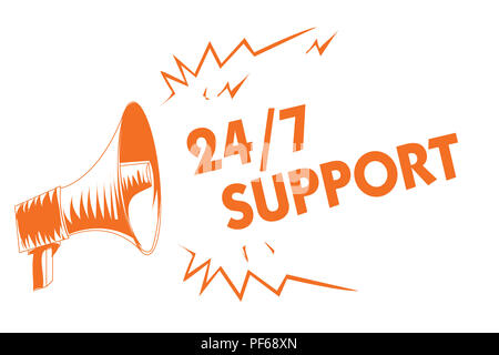 Text Zeichen angezeigt 24 7 unterstützen. Konzeptionelle foto Hilfeleistung für Service den ganzen Tag und Nacht keine Ausfallzeiten Orange Megaphon Lautsprecher wichtig m Stockfoto