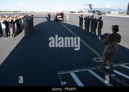 DPAA-Mitglieder führen 2018 einen ehrenvollen Carry auf der Joint Base Pearl Harbor-Hickam auf Hawaii durch. Die archivierten Fotodruckdokumente dienen der Wiederherstellung und Identifizierung vermisster US-Mitarbeiter weltweit. Stockfoto