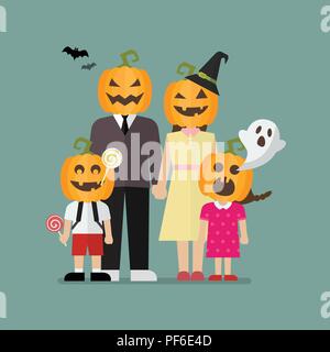 Familie mit Halloween Kürbis Halloween Kostüme. Vector Illustration Stock Vektor
