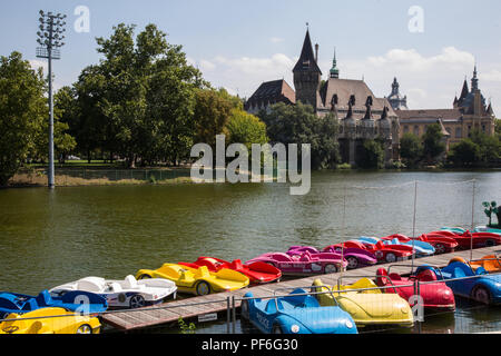 Budapest, Ungarn. 14. August 2018. Tretboote vor der Burg von Vajdahunyad im Városliget (City Park). Stockfoto