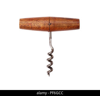 Eine alte vintage Holz- Wein Korkenzieher Flaschenöffner auf weißem Hintergrund, erhöhte Ansicht von oben, direkt über Stockfoto