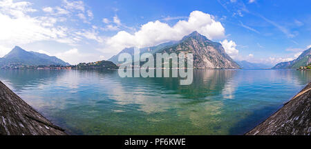 Schöne Panoramasicht auf Como See in Lecco Stadt, Provinz Lombardei, Italien. Panorama im sonnigen Sommertag Stockfoto