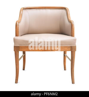 Alte Sessel aus Holz und Leder isoliert auf weißem Stockfoto