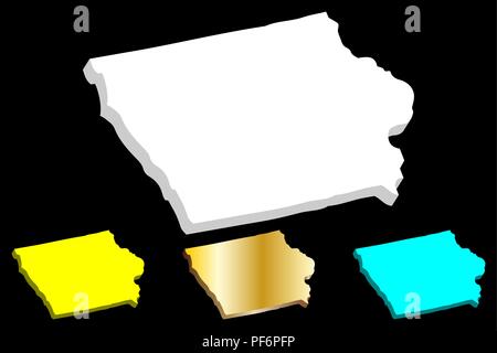 3D-Karte von Iowa (Vereinigte Staaten von Amerika, Hawkeye Staat) - weiß, gelb, blau und gold-Vector Illustration Stock Vektor