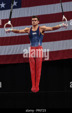 Boston, Massachussetts, USA. 18 Aug, 2018. SAM MIKULAK konkurriert auf die noch Ringe während der letzten Runde des Wettbewerbs bei TD Garden in Boston, Massachusetts, statt. Credit: Amy Sanderson/ZUMA Draht/Alamy leben Nachrichten Stockfoto