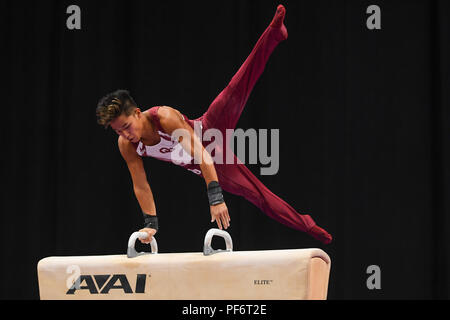 Boston, Massachussetts, USA. 18 Aug, 2018. YUL MOLDAUER konkurriert auf dem Pferd in der Endrunde des Wettbewerbs bei TD Garden in Boston, Massachusetts, statt. Credit: Amy Sanderson/ZUMA Draht/Alamy leben Nachrichten Stockfoto