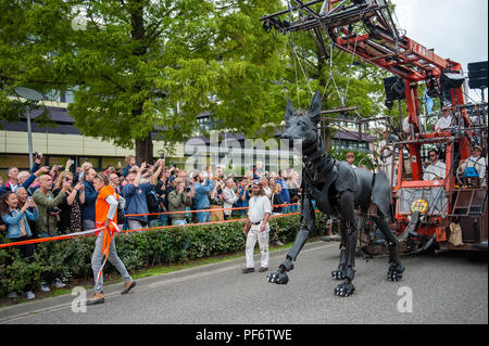 Leeuwarden, Niederlande, 19. August 2018. Der weltberühmte Herstellung von Royal de Luxe macht seine niederländische Premiere in der Europäischen Hauptstadt der Kultur. Im Laufe der drei Tage, die turmhohen Riesen die Straßen von Leeuwarden und ein unvergessliches Erlebnis mit ihren "grossen Skate im Eis" zeigen. Royal de Luxe ist eine außergewöhnliche Street Theatre Company. Das Unternehmen fliegt um die Welt mit ihren beeindruckenden Riesen, Marionetten, die mehrere Meter hoch und höher als der Gebäude um Sie herum. Credit: Ricardo Hernandez/Alamy leben Nachrichten Stockfoto